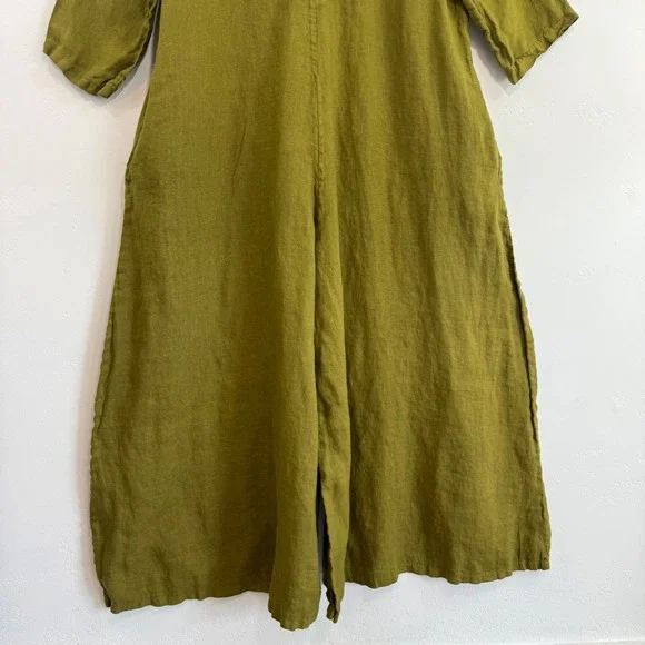 Puro Lino Italian Linen Wide Leg Jumpsuit Olive Green M Relaxed Lagenlook - Picture 11 of 15